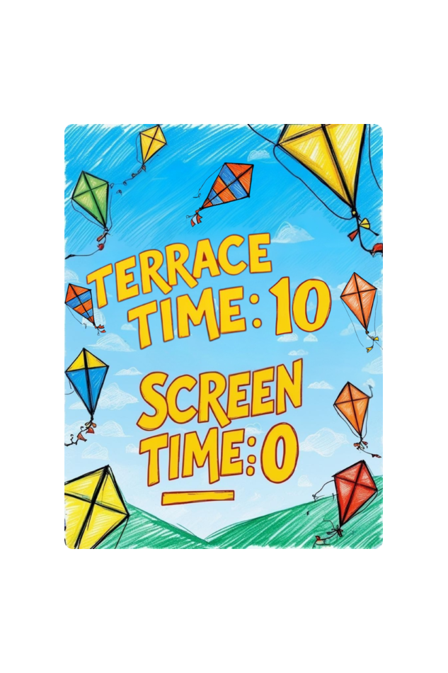 "Terrace Time: 10, Screen Time: 0" Kids' T-Shirt